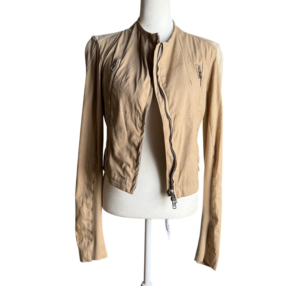 TWINSET by Simona Barbieri | Tan Linen and Vegan Leather Moto Light Jacket Large